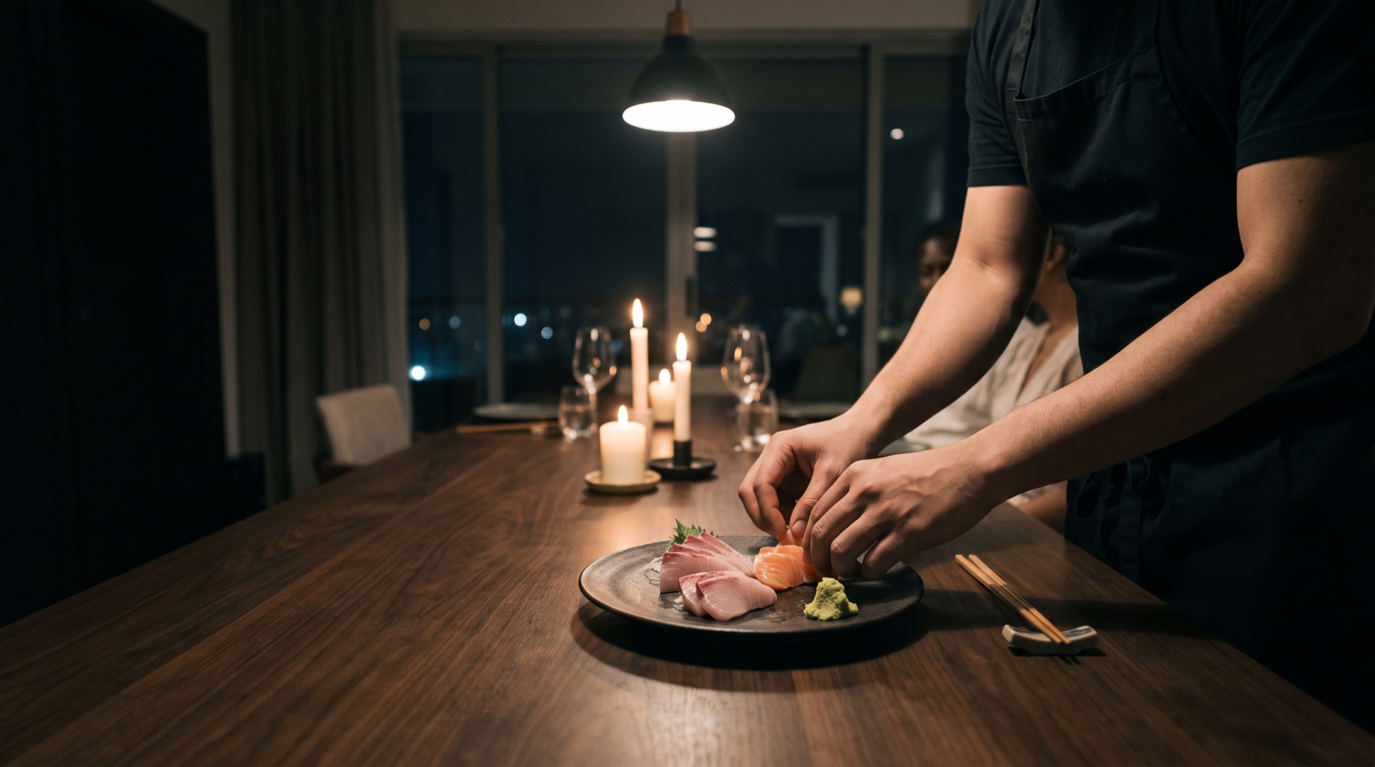 Sashimi plated on black stoneware